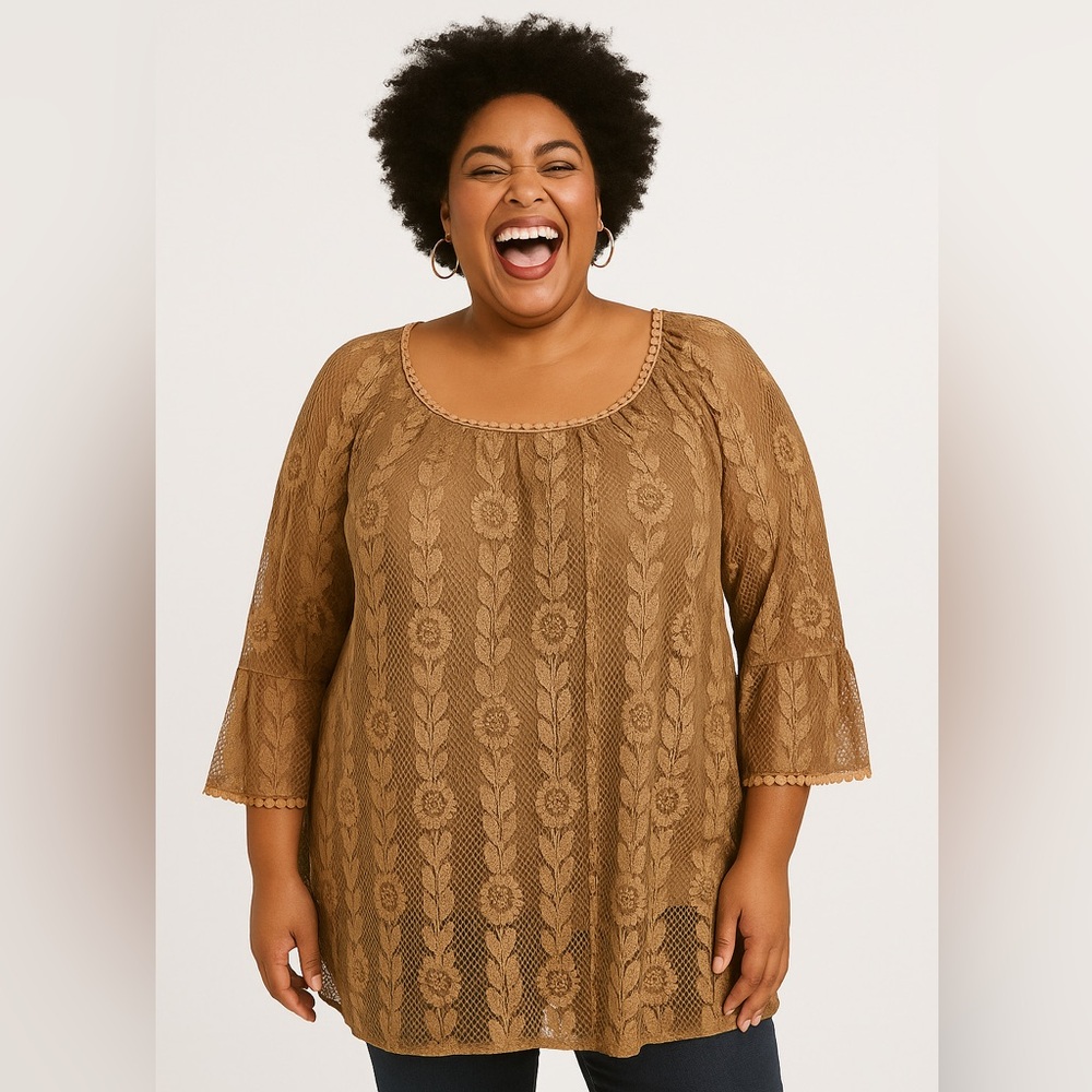 NWT Womens John Paul Richard Tan Lace Boho Sheer Layered Festival Blouse Size 3X